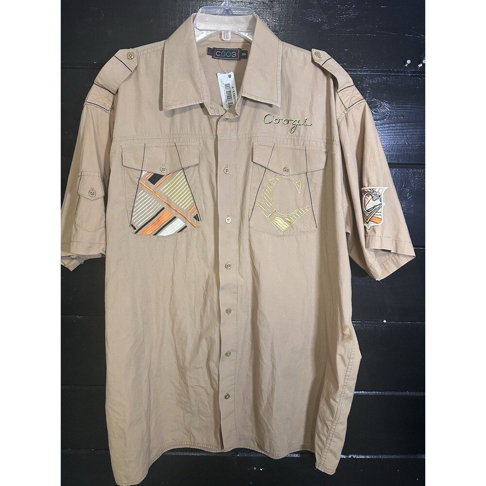 COOGI (3XL) Beige Embroidered Logo Button Down Casual Shirt